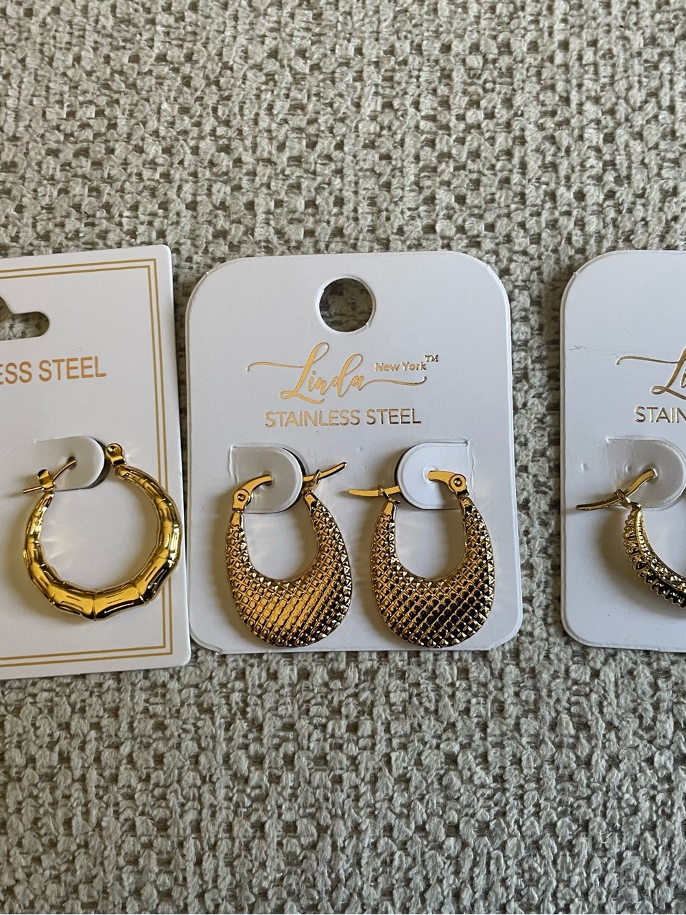 Gold Textured Hoop Earrings - Stainless Steel